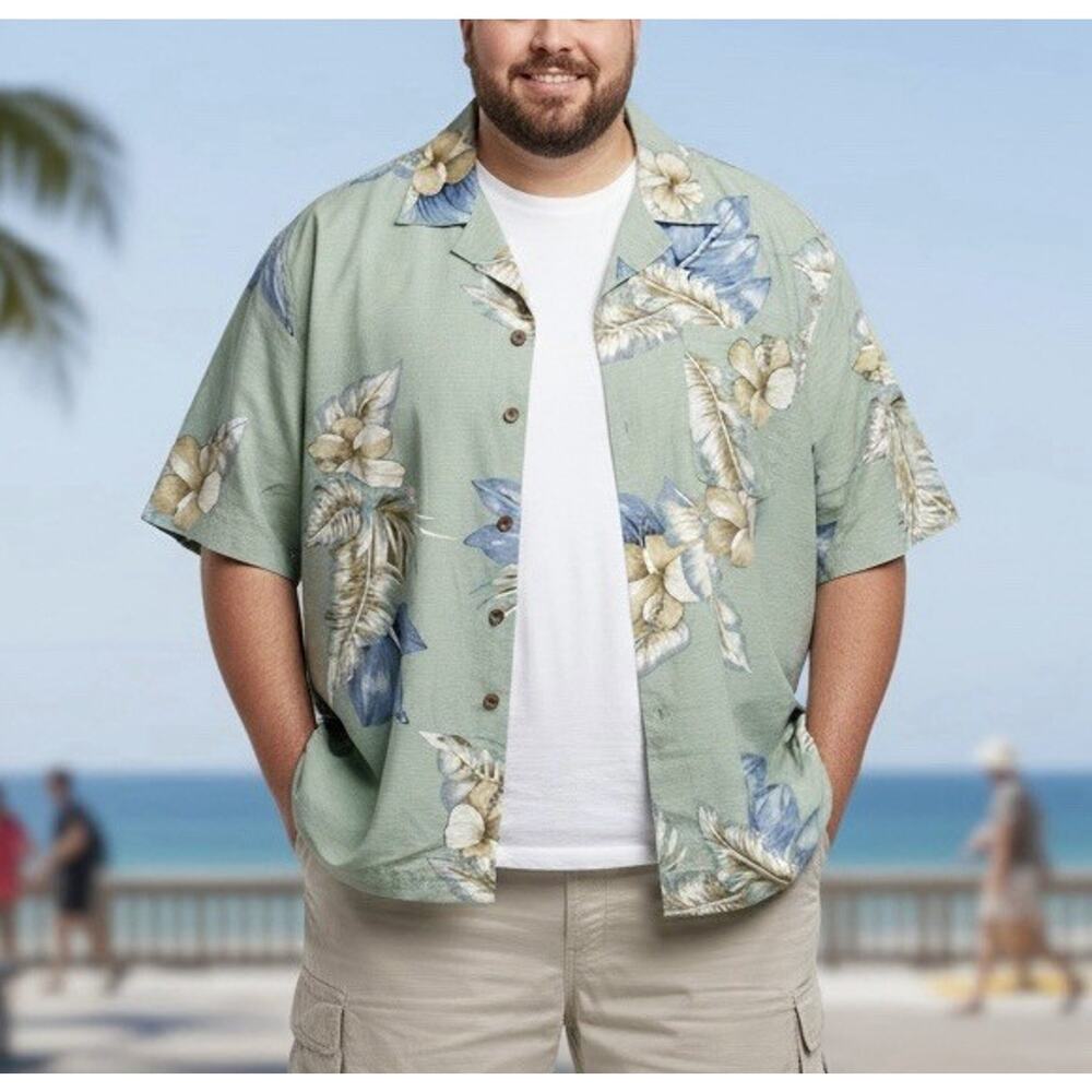 St. Johns Bay Hawaiian Shirt Adult XLB Green Floral Washable Silk Camp Aloha Men